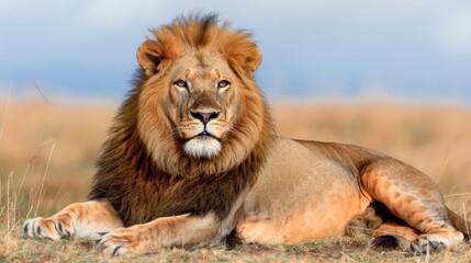 Obraz premium Regal Lion Resting on Savannah with Golden Mane and Piercing Eyes