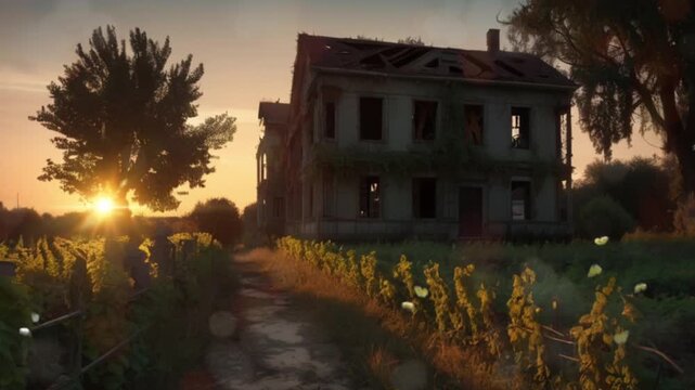 A luxury house building is abandoned on the side of the road. The building is damaged and not maintained. Seamless 4K looping timelapse video animation generated AI