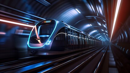 Closeup of an Empty Subway Train Speeding Through Tunnel, Blur Background