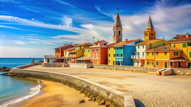 Beautiful Caorle town with colorful buildings, cobblestone streets, and sandy beach in Italy during summer