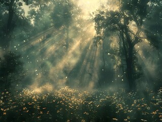 Obraz premium Enchanting Whimsical Fairytale Forest with Glowing Sun Rays Streaming Through Lush Foliage