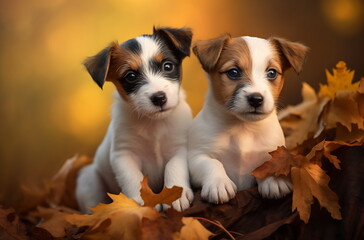 two small dogs resting on leaves in background. Generative AI