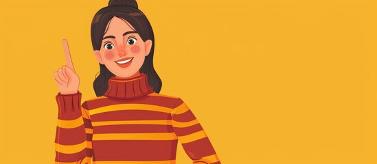 Young beautiful brunette woman wearing striped turtleneck sweater over yellow background showing and pointing up with finger number one while smiling confident and happy