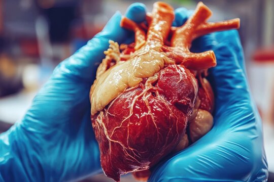 Human Heart Held by Gloved Hands in Laboratory