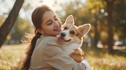 Beautiful girl with her cute corgi dog in a park