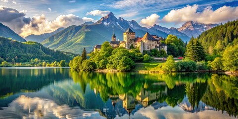 Fototapeta premium Medieval castle by a tranquil lake surrounded by lush greenery, with majestic mountains in the background, castle, Medieval
