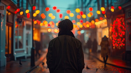 Obraz premium Portrait of man and street with bokeh lights. Background of city activities.