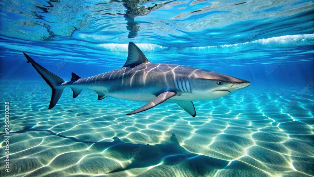 Wall mural blue real shark swimming gracefully in crystal clear water, blue, shark, underwater, ocean, wildlife