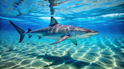 Blue real shark swimming gracefully in crystal clear water, blue, shark, underwater, ocean, wildlife, marine life