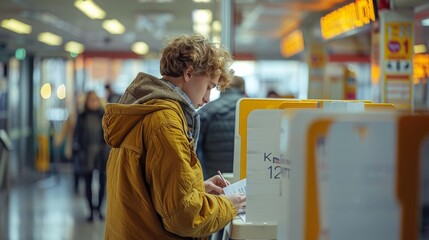 Young Adult Engaged in Writing at Postal Service Counter in Busy Urban Location. Generative AI