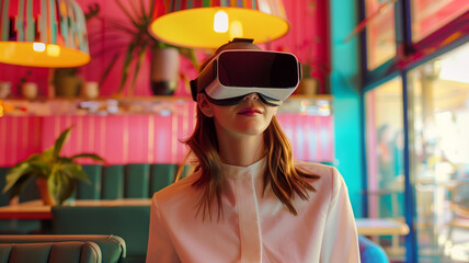Close-up of a woman vearing a VR Virtual Reality headset with a modern restaurant in the background