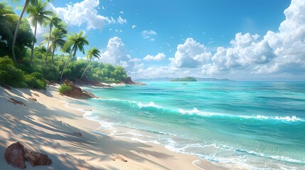 Breathtaking Tropical Beach with Swaying Palm Trees and Turquoise Waters