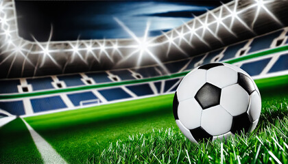 Ball on the green field in soccer stadium. Ready for game in the midfield. Soccer ball close-up.