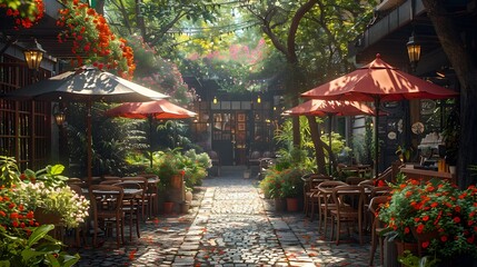 Obraz premium Charming European Caf with Colorful Umbrellas and Outdoor Seating for Cozy Relaxation