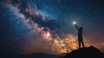 Fototapeta premium Person Standing Under Milky Way Galaxy Pointing at Bright Star at Night