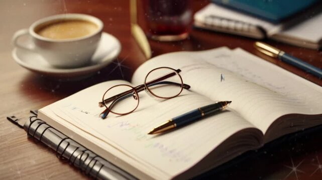 A book, pen, glasses and a cup of coffee on a wooden table. A start to writing in the morning. Seamless 4K looping timelapse video animation generated AI