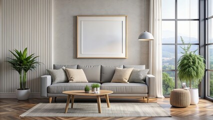 Living room wall art frame mockup displayed by window, living room, wall art, frame, mockup, display, window