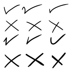 Hand drawn doodle set of check marks and crosses on white background.