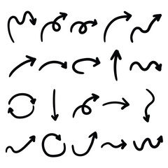 Hand drawn doodle set of arrows on white background.