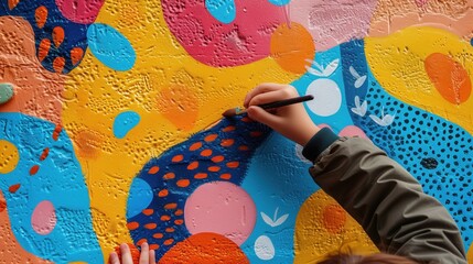 Obraz premium Vibrant Street Art Mural with Hand Painting Colorful Abstract Patterns on Textured Wall, Urban Creativity and Artistic Expression in Public Spaces