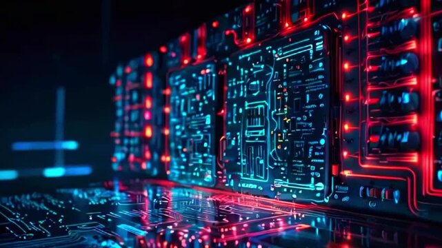 A close-up of a circuit board with glowing red and blue lines and components.