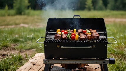 Barbecue camping. Barbecue grill in the open air. Summer holidays.