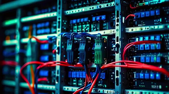 This is a close-up of a server rack with lots of wires and computer components.