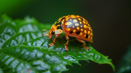 Fototapeta premium Bright orange and yellow spotted ladybug perched on a lush green leaf