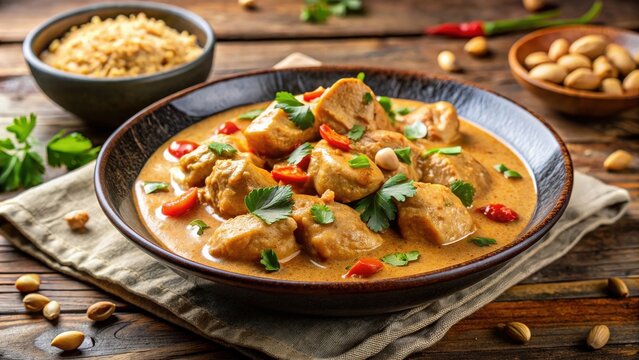 Closeup of delicious chicken mafe stew with peanut coconut sauce in a plate on the table, food, recipe, chicken