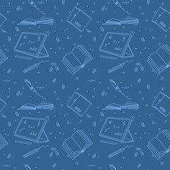 Back to school seamless pattern. Outline hand-drawn school objects seamless pattern. School background. Blue drawing of a notebook, tablet, pen, copy books, pencil, book, clips. Editable stroke.