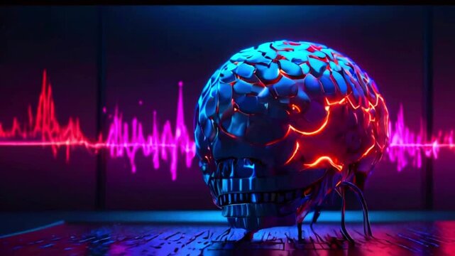 This video shows a cracked brain with a pulsating light pattern behind it.