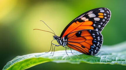 Fototapeta premium Macro shot of a multihued butterfly on a leaf, focus on intricate wing details, soft morning light, natures delicate beauty, high-resolution photo, realistic photo