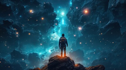 Fototapeta premium A Cosmic Journey of a Rock Climber Against an Enchanting Night Sky