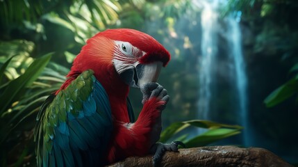 Obraz premium An exotic parrot being pampered at a spa, with its feathers being gently cleaned and conditioned, amidst a backdrop of tropical plants and a tranquil waterfall