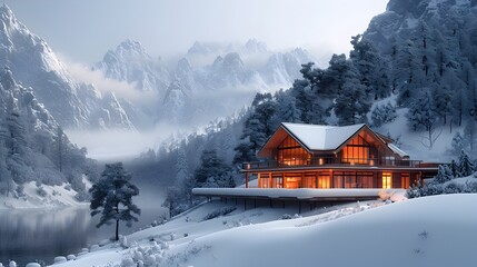 Rustic Cozy Cabin in Snowy Mountain Landscape,Tranquil Winter Retreat with Frozen Lake