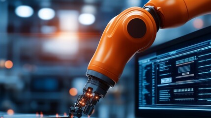 Fototapeta premium Collaborative workspace in a manufacturing office, team analyzing robotic arm, digital screens showing performance data, creative and industrial mix