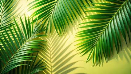 Summer natural color green palm leaves and hard shadows. Tropical background. Minimal summer concept, palm leaves