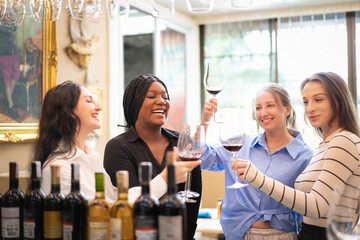 Group of diverse people cheering wine together.