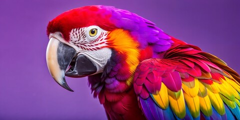 A vibrant parrot with colorful feathers against a blue background, featuring a striking close-up that highlights the bird’s vivid plumage and sharp beak.
