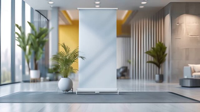 Blank banner stand in a modern office lobby with plants and a rug.