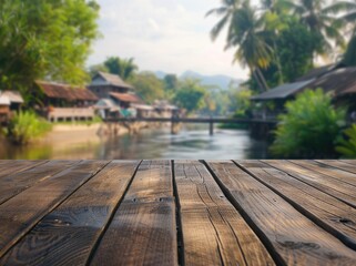 Beautiful Empty Wood Tabletop With Stunning Nature Background Near a Peaceful River at Dusk