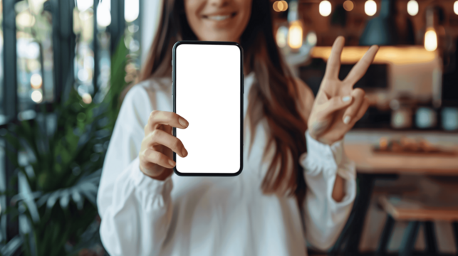 Woman holding and showing smart phone display screen mockup