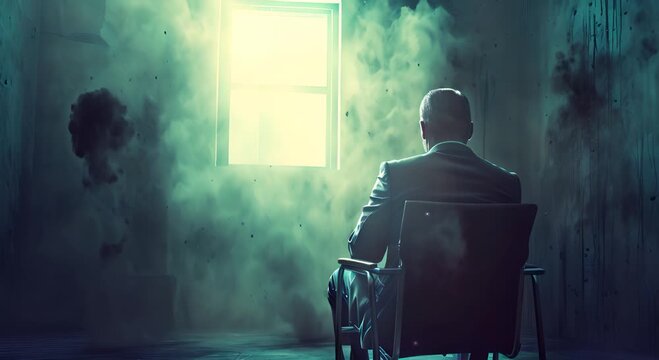 Rear view of businessman sitting gloomily with sad atmosphere in dark room