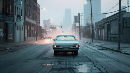 A classic car drives down a misty city street at dusk.  The street lights cast a soft glow on the wet pavement.