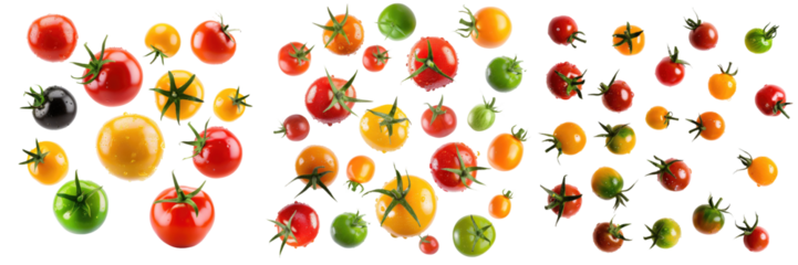 Collection of tomatoes floating on the air isolated on white or transparent background