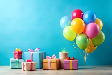 Colorful birthday gifts and balloons lay on a blue background. Celebration themed background banner with negative space for copy text