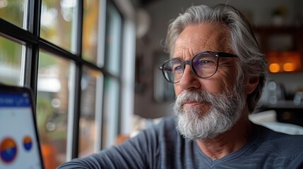 An older man with a white beard and glasses looks thoughtfully out of a window, seated in a well-lit room, capturing a serene and reflective moment in this portrait.