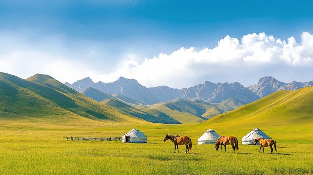 Idyllic scene of yurts and horses grazing in the lush green valleys with mountain ranges in the background