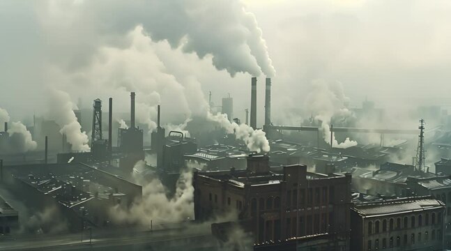 1880s steam engine era industrial factory with smokestacks producing coal fuel air pollution, industrial revolution 1.0 18th century, aerial view video footage.