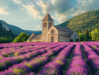  a beautiful church surrounded by a field of lavender. The church has a tall tower and a pointed roof, and it is nestled in a valley with mountains in the background.